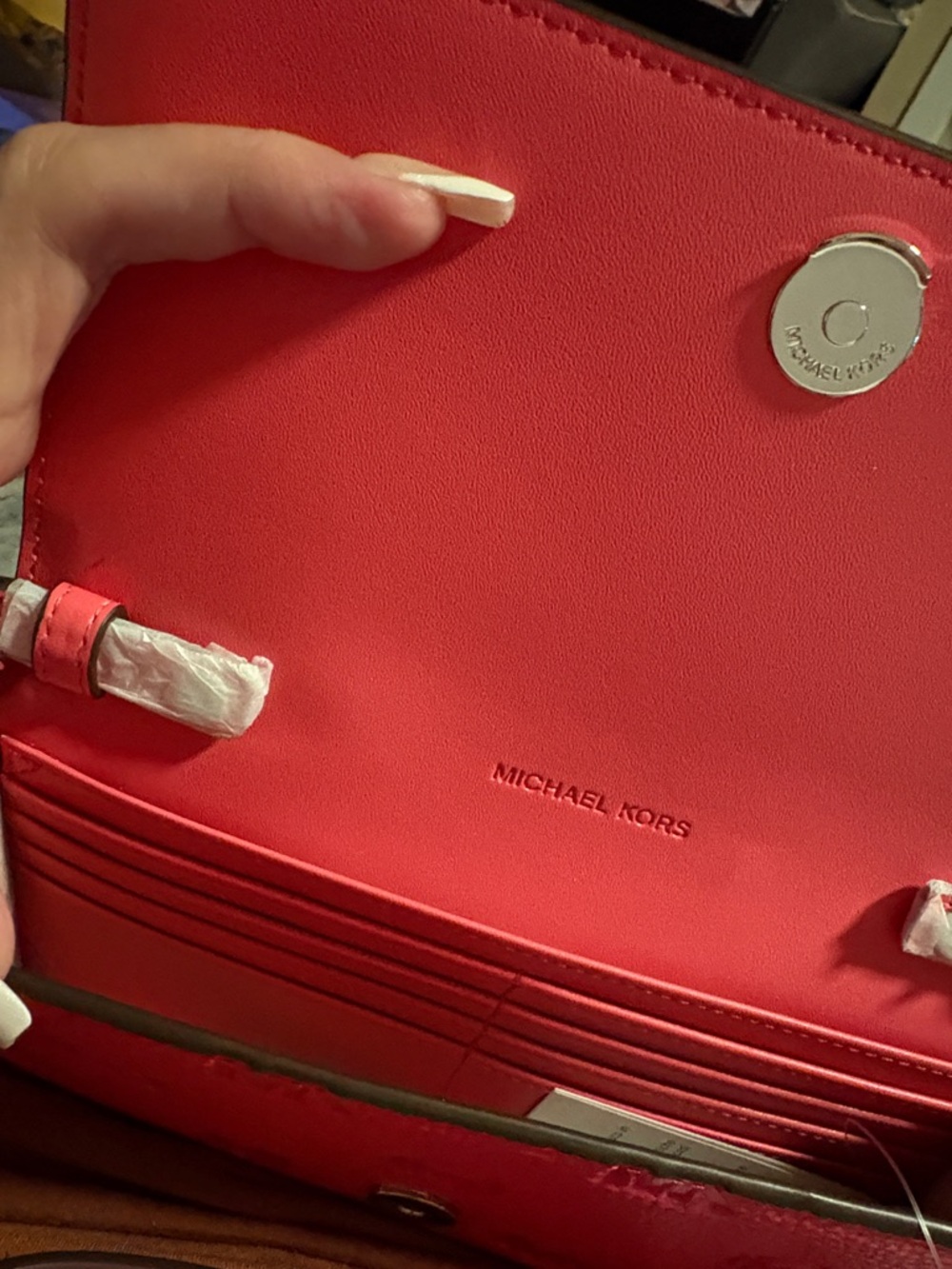 Michael Kors Hibiscus 🌺 Pink Embossed MK Leather Clutch with Silver Hardware ✔️📸 - Picture 9 of 16